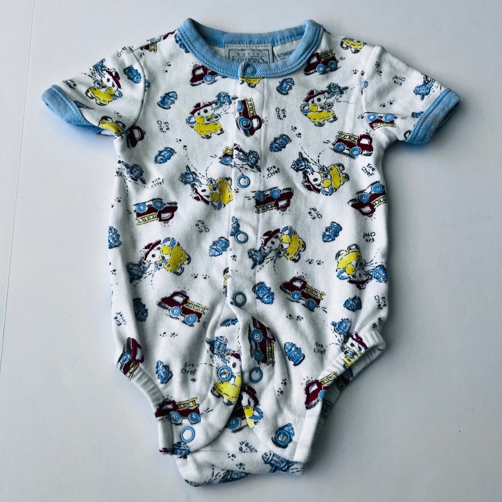 Basic Editions Baby Bodysuit 0-3M Firetruck Firefighter Print Vintage Cotton